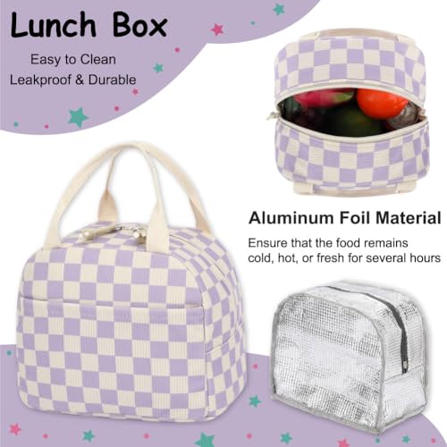 Corduroy 3-Piece Backpack Set for Girls Boys School Bookbag, Kids Backpacks with Lunch Box and Pencil Case (Ages 8-18)-Purple Checkered3