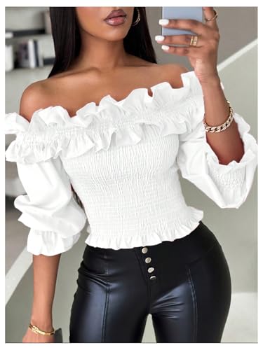 Floerns Women's Ruffle Trim Off Shoulder Flounce Sleeve Shirred Blouse Top3