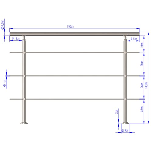 CAVATINY Edelstahl Handlauf Geländer für Treppen Brüstung Balkon mit 3 Querstreben - Innen und Außen Handlauf Geländer Treppengeländer Edelstahl Brüstung Balkon (150CM, 3 Querstreben)