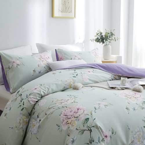Image of BOLINLIVING Floral Duvet Cover Full Size 3 Pieces, Flower Duvet Cover with 2 Pillow Shams, Soft Floral Bedding Set Sage Green and Purple for All Season, Breathable, Zipper Closure