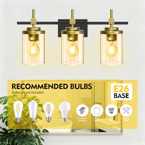 Aoglenic Bathroom Vanity Light,Modern Wall Sconce with Clear Glass Shade,Black & Gold Bathroom Light Fixtures Over Mirror for Bedroom Living Room Hallway Kitchen,E26 Socket (Bulb Excluded) (3 Lights) by Aoglenic - Image 2