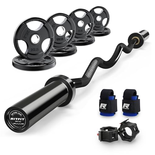 RitFit 2 Inch EZ Curl Bar Olympic Barbell with Weight Plates & Collar