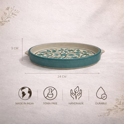 Image of Ceramic Serving Platter with Handles | (Turquiose) Floral Leaf Hand-Painted Stoneware Tray for Snacks, Appetizers, Salads & Noodles | Microwave & Dishwasher Safe