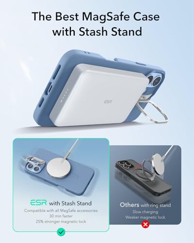 Image of ESR for iPhone 16 Plus Case, Silicone Case with Stand, Military-Grade Protection, Built-in Camera Stash Stand, Magnetic Phone Case for iPhone 16 Plus, Cloud Series, Light Blue