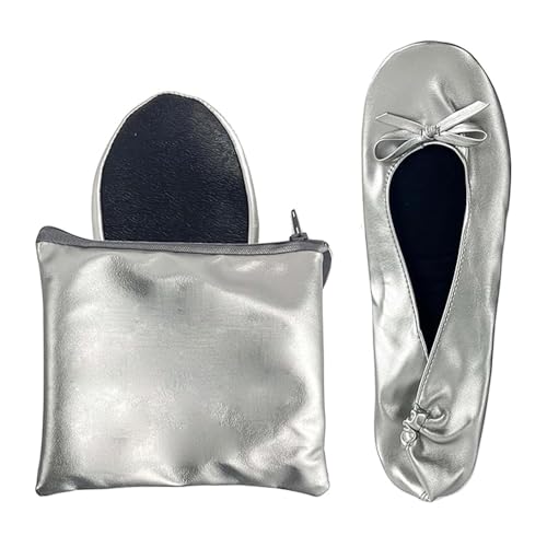xaijciz Women's Foldable Dance Shoes Ballet Flats (Silver X-Large)