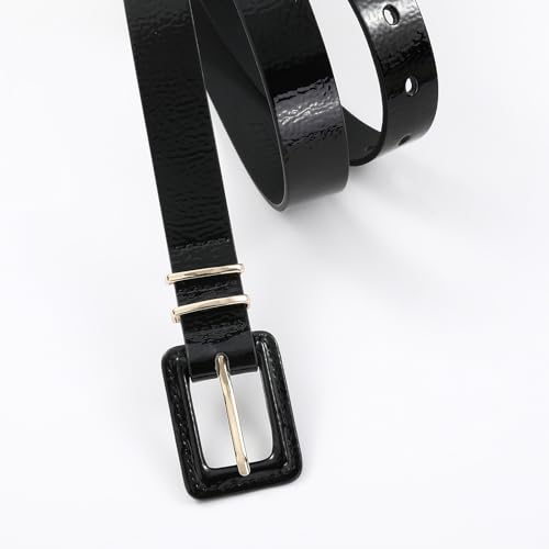 Women's Black Patent Leather Belt Square Buckle with Gold Accents Waist Belts For Jeans Dress4