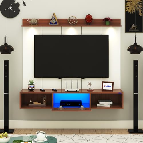 Image of Anikaa Novus PVC Back Panel Wall Mounted TV Unit with Spot & Blue Ambient LED Light - Acrylic Storage Box, Display Shelf & Soft-Close Hinges | Ideal for UP to 50 Inch TV (Walnut - DIY Installation)