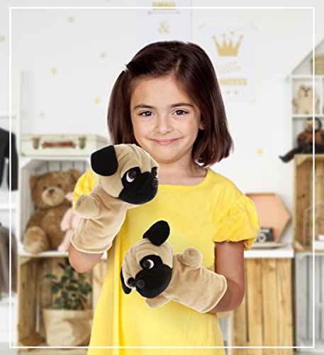 DolliBu Pug Dog Plush Hand Puppet for Kids - Soft Furry Stuffed Animal Hand Puppet Toy for Puppet Show Games & Puppet Theaters for Kids Adult Cute Puppets Educational Toy to Teach Children & Toddlers
