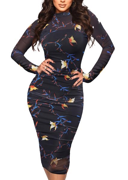 Image of MOEENCN Sexy Long Sleeve Midi Dress for Women Sheer Mesh Printed 2 Piece Skirt Set Crew Neck See Through Bodycon Party