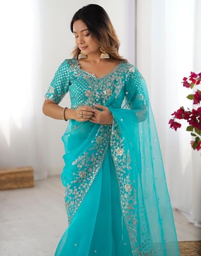 Image of SIRIL Women's Organza Sequence Embroidery Saree With Unstitched Blouse Piece