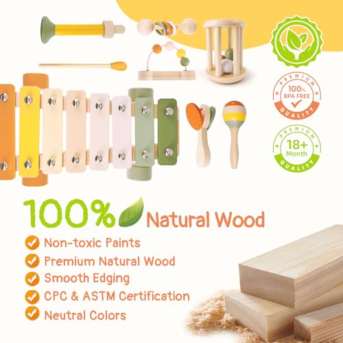 Pajojoqa 7pcs Musical Instruments Set 18M+ Montessori Toys 2 3 4 Neutral Colors Wooden Toys for Toddlers 3-5 Percussion Instruments Modern Boho Xylophone Sensory Gifts Boys Girls - image 3