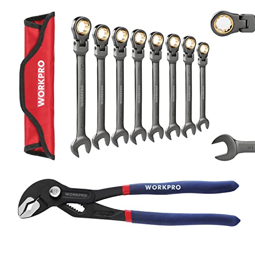 WORKPRO 8-Piece Flex-Head Ratcheting Combination Wrench Set, SAE & WORKPRO 9-1/2-Inch Groove Joint Pliers, V-Jaw Water Pump Pliers with Comfort Grip
