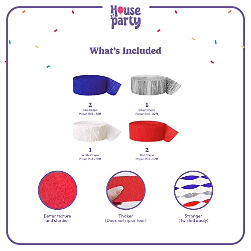 HOUSE OF PARTY 4th of July Crepe Paper Streamers - Patriotic Red, White, Blue and Sliver Decorations - 6 Rolls, 492ft Total Length - Perfect for Independence Day Celebrations! - Thumbnail 4