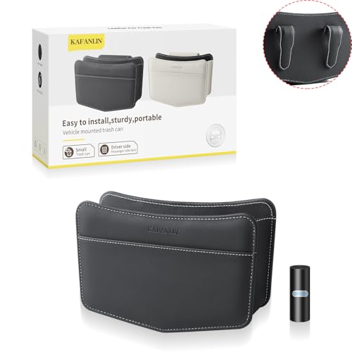 Image of Car Trash Can Small Leather Vehicle Trash Bin Car Dustbin Garbage Organizer Holder with Trash Bag Foldable Mini Cars Storage Bag Container for Auto SUV Van Trucks (Black,Clip on)