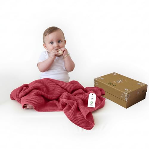 Image of 100% Organic Cotton Baby Knitted Blanket with Gift Box - Soft Toddler, Crib, Stroller Blanket - Neutral Swaddle and Receiving Blanket for Newborns, 30 inchx40 inch, Amberglow