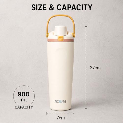 Image of Rioware 900ml Vacuum Insulated Stainless Steel Tumbler with Flip Cap | 304 Grade Steel | 8 Hrs Hot & 14 Hrs Cold | Leakproof Travel Coffee Mug | Large Capacity Water Bottle with Handle| BPA Free Cream