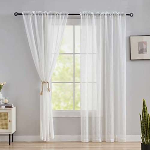 Home Brilliant Striped White Sheer Curtains 84 Inches Long Lace Voile Window Treatment Living Room Bedroom Curtains, 2 Panels, 54" X 84 Inch Length #TOP2
