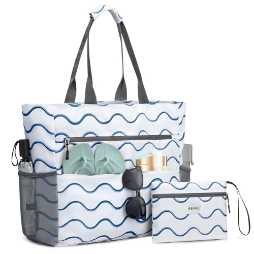 G4Free 35L Strandtasche Familie & Badetasche Faltbar Groß/Wasserdicht/Leicht für Shopping Strandurlaub und Schwimmbäder, Gewellte Streifen
