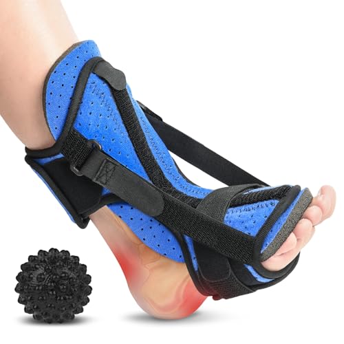 Runkelai Plantar Fasciitis Night Splint with Massage Ball, Adjustable Brace Dorsal Night Splint for Achilles Tendonitis Foot Drop Relief Arch Pain, Comfortable with 4 Straps for Secure Fit Black-Blue