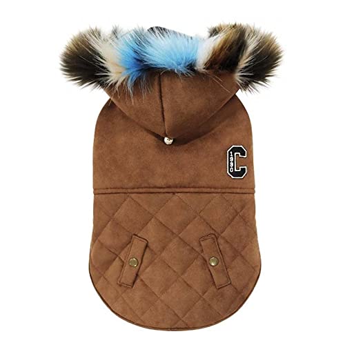 Croci Dog Jacket With Shearling Hood, Back Size 40 Cm, Padded And Adjustable, With Elastic And Hole for Leash And Harness Brown Color