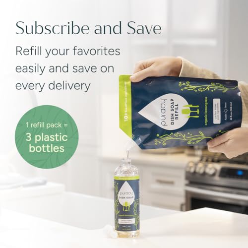 Image of Puracy Natural Dish Soap Refill - Skin-Softening Plant-Based Liquid Dishwashing Detergent Soap, Clean-Rinsing Water-Sheeting Formula (Organic Lemongrass, 48 fl oz) (Pack of 2)