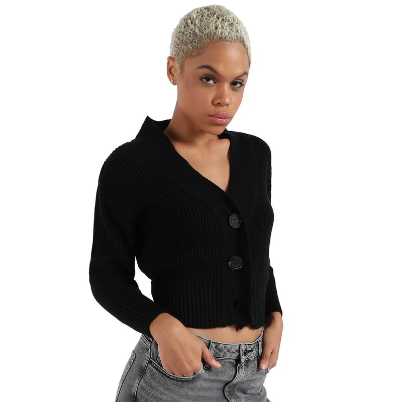 Image of PINACOLADA Women's Solid Ribbed Cropped CardiganFor Casual Wear | V Neck | Long Sleeve | Wool Sweater Crafted with Comfort Fit for Everyday Wear