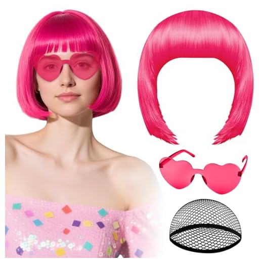 PLULON Hot Pink-Color Bob Wig with Heart Sunglasses Neon Colored Party Wig