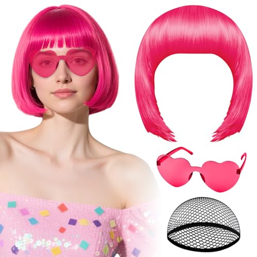 PLULON Hot Pink Bob Wig with Heart Sunglasses and Hair Cap Colorful Short Bob Wigs Synthetic Party Wigs Funny Cosplay Hairpieces for Women Men Neon Bachelorette Halloween Costume Party Decorations