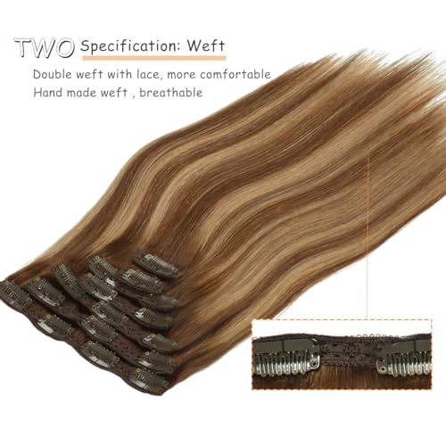 Caliee Balayage Chocolate Brown and Caramel Blonde with Brown Roots 18inch Clip in Hair Extensions Human Hair Silky Straight 120 gram Double Weft Lace Clip in Hair4