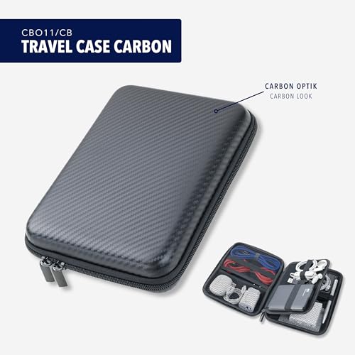 TROIKA Organizer Etui mit Reißverschluss TRAVEL CASE CARBON mit 3 Innenfächer und 6 Elastikband-Schlaufen inkl. Trennwand (innen) Kunstleder, Samt – Carbon Optik – Original