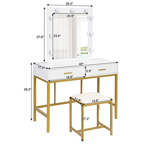Vingli Vanity Set With Lighted Mirror And Stool,White Makeup Vanity Table Set With 9 Lights For Women,Bedroom Makeup Dressing Table With 2 Drawers And Stool,White&Gold #TOP6