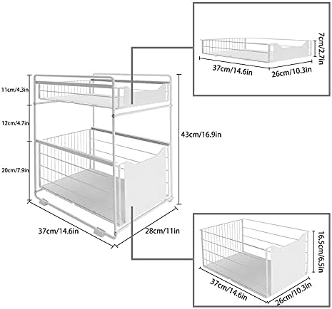 DAWNYIELD 2 Tier Organizer with Storage Drawer Under Sink Sliding Cabinet Pull Out Basket Rack Spice Rack Snack Organizer for Kitchen Bathroom Bedroom Counter Pantry Office -White