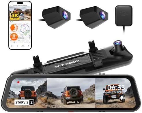 WOLFBOX G900 Tripro Stoßstangen-N 3 Kanal 4K Rückfahrkamera Spiegel | 4K+2.5K+1080P Dashcam Auto Vorne Hinten für Stoßstange,8MP STARVIS 2 IMX 678,12"Display für Offroad(SD-Karte N