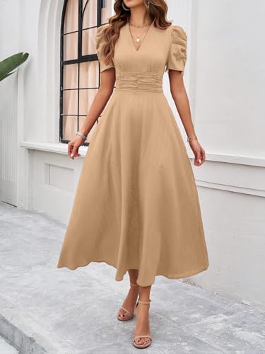 Image of Shasmi Girl's & Women's Solid Color V-Neck A-Line Maxi Dress for Women | New Year Party Outfit | Waist Cinched Puff Sleeve Western | Elegant Casual Wear (Dress 246)