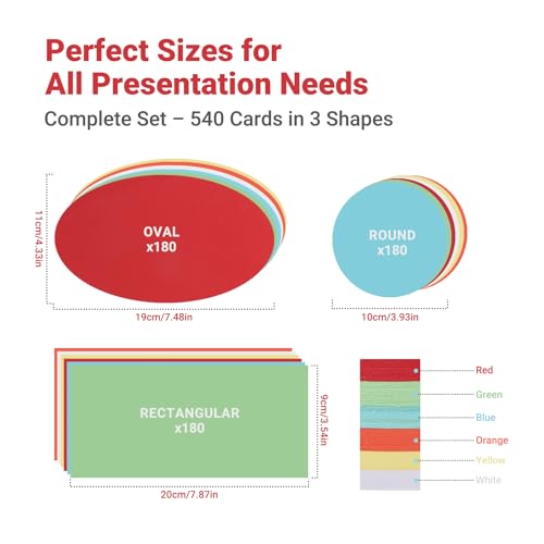 Moderationskarten Set 540 Stück – Metaplankarten in Rund, Oval und Rechteck, 6 Farben, 120g/m² – Blanko Karten für Präsentation, Büro, Schule und Workshop
