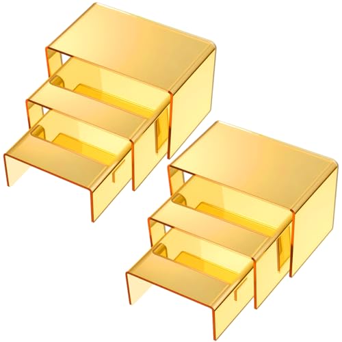 Chuangdi 2 Sets Acrylic Display Risers, Product Stand, Jewelry Display Riser Shelf Showcase Fixtures for Dessert Cupcake Candy Figure Treat Action Showcase(Gold,Small Set)