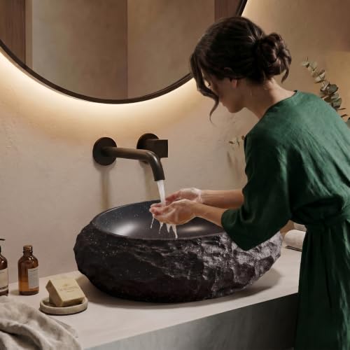 Image of BASSINO 20x15x6 Inches Artificial Stone Table Top Washbasin /Black Stone Texture Luxury Countertop Sink /Modern Rock Finish Wash Basin for Home-Hotel /Small Designer Oval Shape Basin for Bathroom(Matte)
