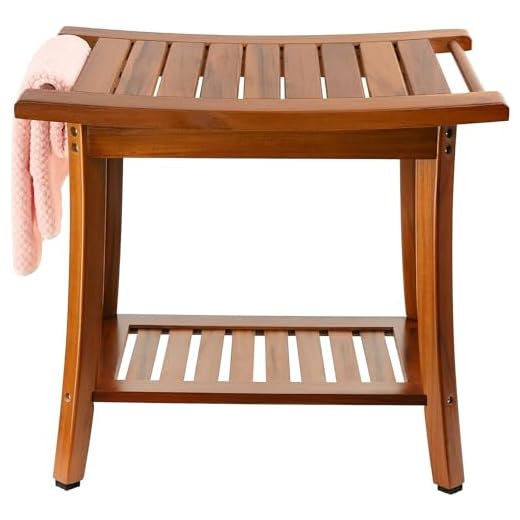 Utoplike Teak Shower Bench Seat with Handles, Portable Wooden Bathing Stool with Storage Towel Shelf, Large Waterproof Shower Bench, Perfect for Bathroom and Outdoor Use