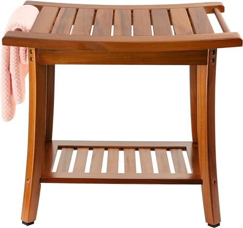 Utoplike Banc de Douche en Teck avec poignées, Tabouret de Bain Portable en Bois avec étagère de Rangement pour Serviettes, Grand Banc de Douche étanche, Parfait...