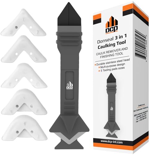 DCP Donseal 3 in 1 Caulking Tool Kit – Silicone Caulking Tool for Removal, Scraping & Finishing – Precise Caulk Remover & Applicator with 5 Tooling Pads – Stainless Steel Caulk Scraper for Smooth Seal