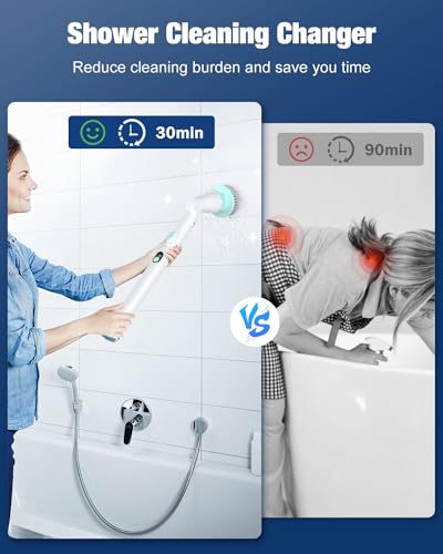 MoKo 500 RPM Cordless Shower Scrubber, New LED Display, Electric Spin Scrubber, Electric Spin Scrubber with Adjustable Extension Arm,4 Replaceable Brush Heads,Deep Cleaning for Bathroom/Tub/Tile/Floor - Image 3
