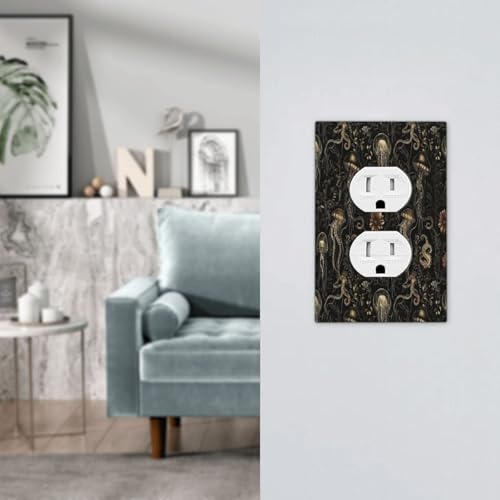 Decorative Outlet Covers Black Gold Jellyfish Squid Deep Sea Creatures 1 Gang Duplex Light Switch Cover Plate Unique Wall Plate Electrical Switch Plate Covers for Bedroom Home Decor