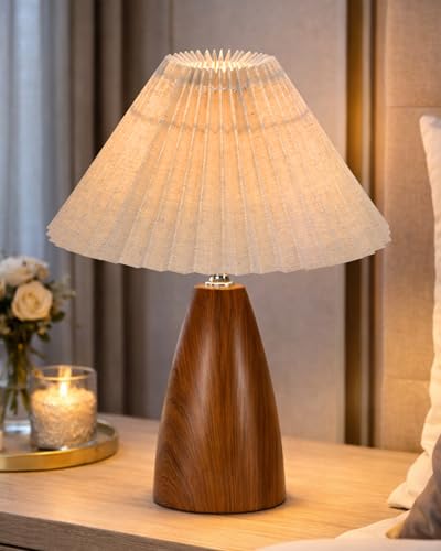 Image of Homesake Wood Grain Pattern Small Table Lamp, Desk Light, Wooden Bedroom Lamps for Nightstand, Scalloped Lamp Shade Table Lamps Small Spaces, Bedroom, Living Room, Taper Cone, (Pleated Khadi)