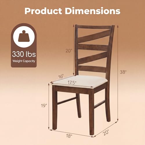 Image of COSTWAY Wooden Dining Chairs Set of 2, Farmhouse Kitchen Side Chair with High Back, Fabric Padded Seat, Armless Chairs for Dining Room, Living Room, Home Kitchen, Restaurant (Brown & Beige)