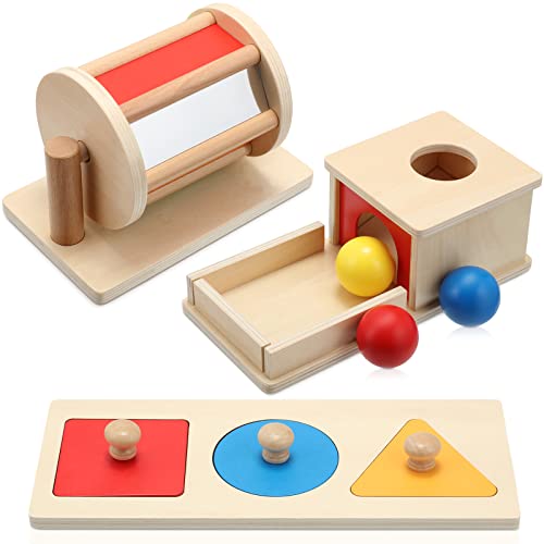 Image of Sratte 3 Pcs Wooden Baby Toys Set, Object Permanence Box, Rainbow Drum, Colorful Multiple Shape Puzzles Toys, Preschool Toys Set for 6-12 Month Infant 1 2 3 Year Old Toddlers Babies