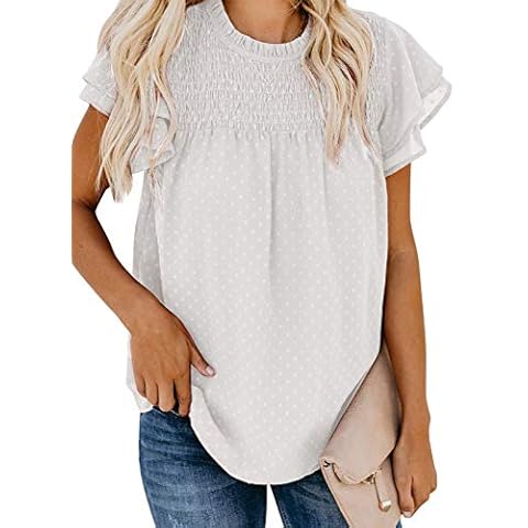 Diukia Womens Summer Casual Round Neck Flowy Ruffle Sleeve Shirts Tops Fashion Solid Chiffon Swiss Dot Pom Pom Blouses 2023 Crewneck Pleated Cap Sleeve Blouse Shirts for Teen Girls Ladies White M Cover