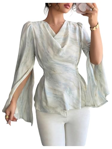 Floerns Women's Cowl Neck Blouse Top Split Long Sleeve Tie Back Dressy Casual Outfit