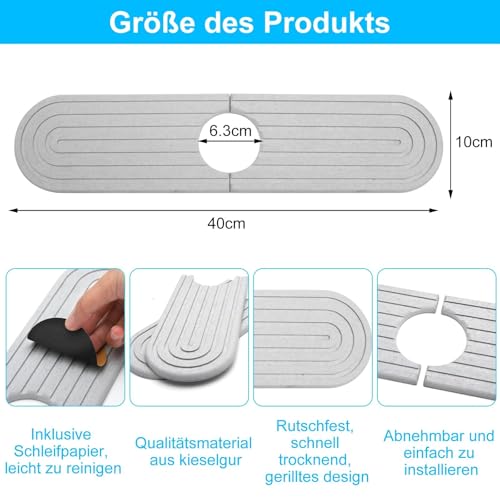 TNSLAND Alfombrilla Fregadero Cocina Alfombrilla Grifo Fregadero Protector Mueble Fregadero de Diatomita Alfombrilla para Grifo de Cocina A Prueba de Salpicaduras con Papel de Lija Gris 40x10cm - imagen 2