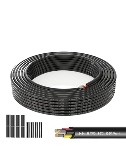 18 Gauge 3 Core Wire | Oxygen-Free Tinned Copper 0.75mm²×3 | 49.2FT/15M Heat-Resistant Cable | 5V-300V for Car Audio, Solar Panels, Outdoor Lighting & DIY Electronics