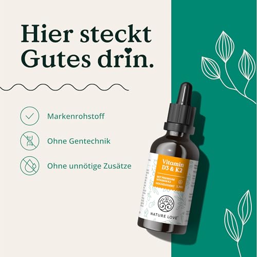 Vitamin K2 und D3 Tropfen von Nature Love, 50ml, hoch bioverfügbar